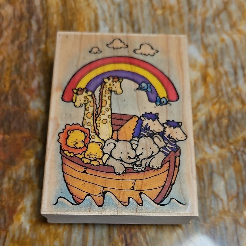 Noah's Ark Wooden Rubber Stamp with Rainbow